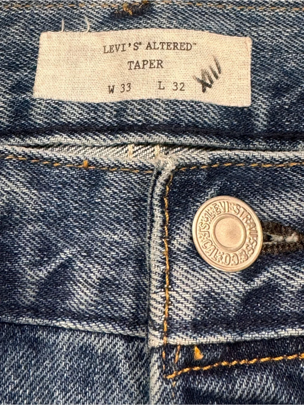 Levi’s Altered Taper Mens Denim Jeans 33x32 Camo Inset Inseam Patchwork